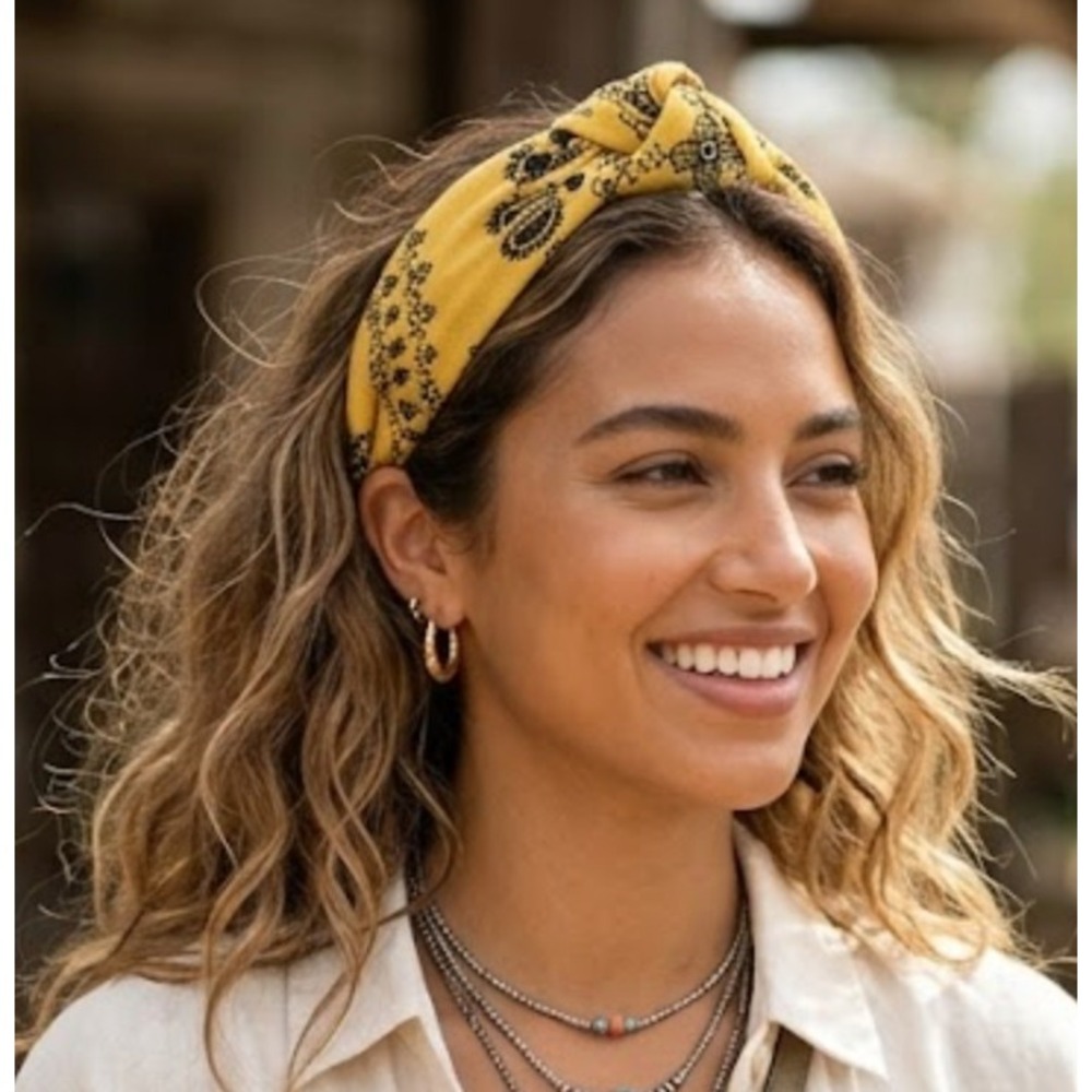 Yellow Paisley Bandana Top Knot Headband Black Western Boho Hair Accessory